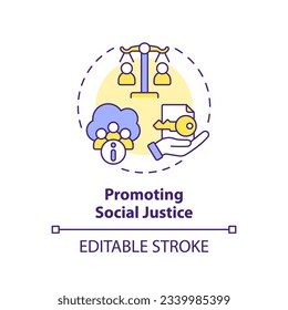 Editable promoting social justice concept thin line icon, isolated vector representing data democratization.