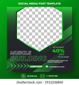 Editable promotional banner design template. Gym and sport square banner with abstract green shape. Suitable for social media, flyers, banner, and web ads. Flat design vector with photo collage