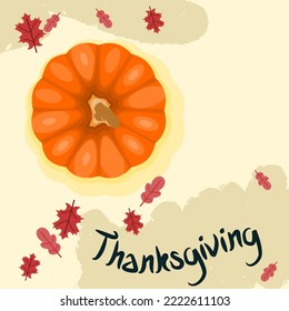 Editable Pumpkin Vector Illustration with Foliage and Manual Lettering on Brush Strokes for Thanksgiving Greeting Design