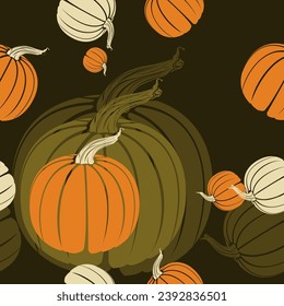 Editable Pumpkins Vector Illustration in Various Positions as Seamless Pattern With Dark Background for Thanksgiving Day Related Design