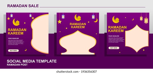 Editable purple ad banner template for Ramadan. Collection of social media post templates. Layout designs for marketing on social networks