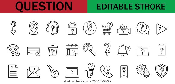  Editable Question Icons – Outline Style Symbols for Help, Support, Info, Queries, Customer Service, FAQ UI, Contact Options, Knowledge Base, and Interactive Digital Interface Designs.