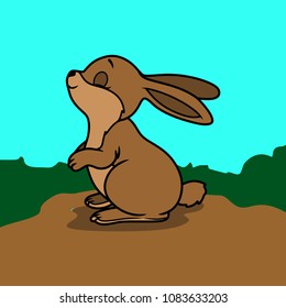 Editable rabbit vector with background on the sky and grass