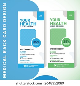 Editable rack card template for medical marketing. Includes headline, discount offer, emergency service section, and doctor contact info. Comes in two color variations blue and green.