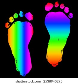 editable rainbow human foot print, human step track footstep, walk symbol, pride months vector illustration