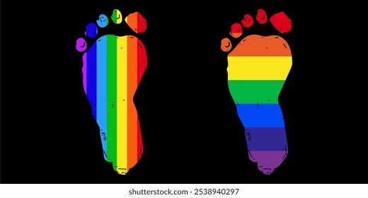 editable rainbow human foot print, human step track footstep, walk symbol, pride months vector illustration