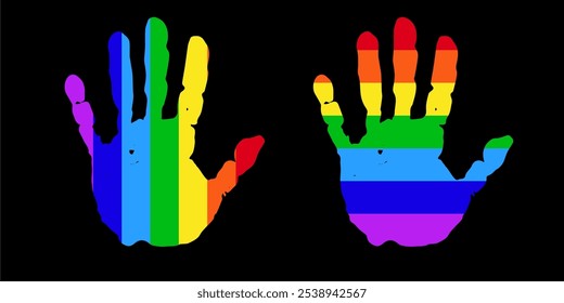 editable rainbow human handprint, human palm hand stamp pride months vector illustration