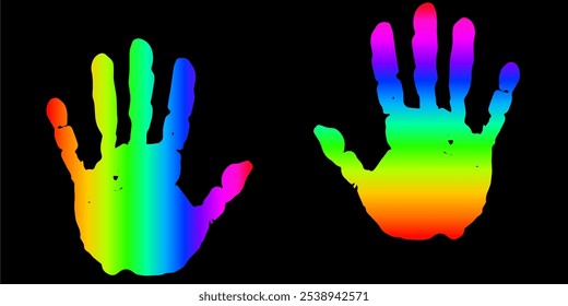 editable rainbow human handprint, human palm hand stamp pride months vector illustration