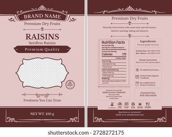 Editable raisins packaging design with front branding and back nutrition facts for dried fruit pouches.