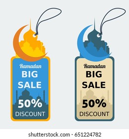 Editable Ramadan Moment Marketing Discount Tags Vector Illustration with Mosques and Crescent Moon Silhouette in Flat Style as Additional Element of Web for Shop Advertising with Islamic Moments Theme