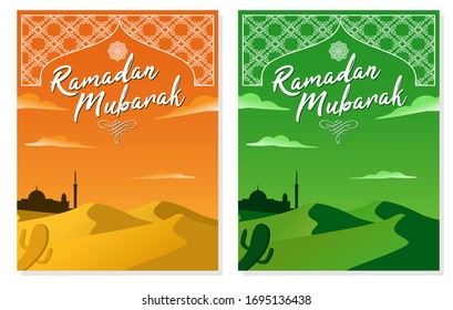 Editable Ramadan Mubarak Poster Template with Landscape of Arabian Desert, Sky and Mosque. Islamic Ornament. Flat Design Flyer. Orange and Green Color Poster, Banner, Card, Invitation