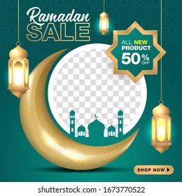 Editable Ramadan sale banner template. with realistic ornament moon, mosque, and lantern background. Suitable for social media post and web internet ads. Vector illustration with photo college