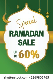 Editable Ramadan sale poster template. with the moon and golden lanterns. Design for social media and web. Vector illustration