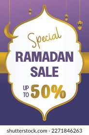 Editable Ramadan sale poster template. with the moon and golden lanterns. Design for social media and web. Vector illustration