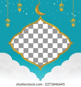 Editable Ramadan sale poster template. with paper-cut ornaments, moon and lanterns. Design for social media and web. Vector illustration