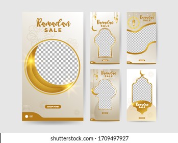 Editable Ramadan Sale social media post templates with golden crescent moon, hanging lanterns, floral decorations for promotion on instastory