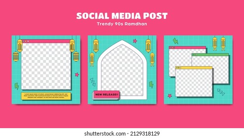 Editable Ramadan Social Media Instagram Square Post Template Set 90s Retro Trendy Cartoon Style