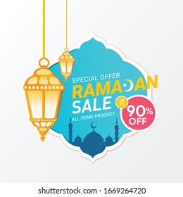 Diseño de banner promocional en ramadán con linterna dorada y ilustración vectorial de fondo de mezquita