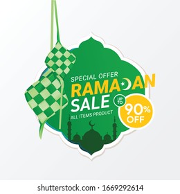 Editable Ramadan special offer promotion banner design with ketupat 3d and mosque background vector illustration