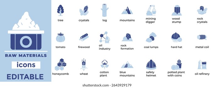 Editable raw materials vector icons for industry, supply chains, and production. Clean, minimal line art style.