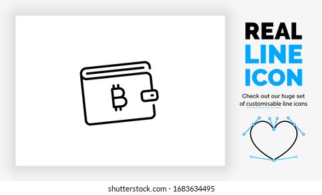 Editable real line icon of a bitcoin wallet with the cryptocurrency symbol in modern black lines on a clean white background as a eps vector file