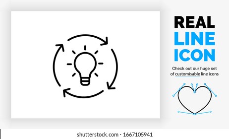 editable real line icon of a bright shining light bulb with a circle of black arrow lines circling around it standing for innovation cycle and energy recycling in a modern clean vector symbol design