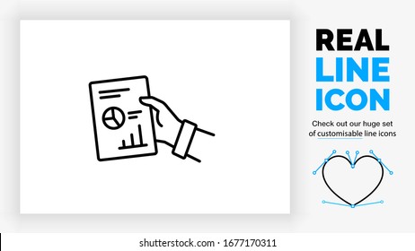 Editable real line icon of a business person giving a paper file with his hand with text on it and a data symbol in modern black lines on a clean white background as a EPS vector document