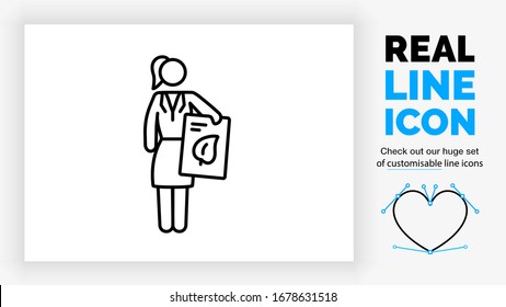 Editable real line icon of a business woman in a suit and a skirt giving a corporate document to someone with her hand in modern black lines on a clean white background as a EPS vector file