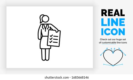 Editable real line icon of a business woman in a suit and a skirt giving a corporate checklist document to someone with her hand in modern black lines on a clean white background as a EPS vector file