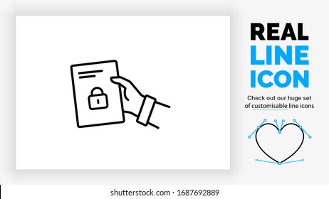 Editable real line icon of a business person giving a paper file with his hand with text and a lock down security symbol in modern black lines on a clean white background as a EPS vector document