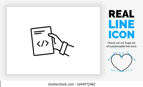 Editable real line icon of a business person giving a paper file with his hand with text on it and a html code symbol in modern black lines on a clean white background as a EPS vector document