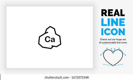 Editable real line icon of calcium in the mining industry as a raw material base metal ore with periodic table element Ca symbol