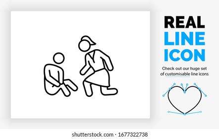 Editable real line icon of a child stick figure that got hurt on his leg with his mother kneeling to comfort him and look after is wound in modern black lines on a white background as a vector file