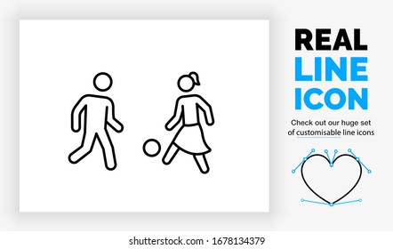 Editable Real Line Icon Of Children Playing Football Outside With A Ball The Young Girl In A Skirt Kicks The Ball And The Little Boy Is Running In Black Modern Lines On A Clean White Background