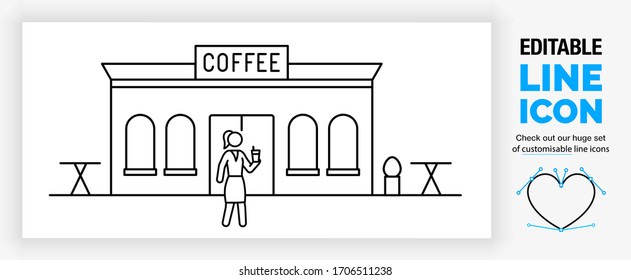 Editable Real Line Icon Of A Coffee Shop Building Including Tables And A Sign With A Customer Stick Figure Girl Walking Outside In Full Body View In Modern Black Lines As A Eps Vector File