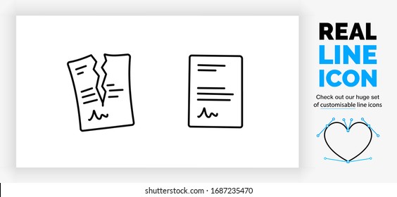 Editable real line icon of a contract with text and a signature and one being ripped apart because a employee got fired in modern black lines on a clean white background as a eps vector file