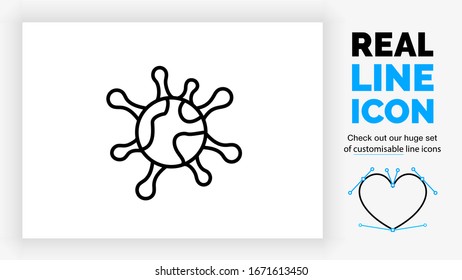 Editable real line icon of corona pandemic as a virus and infection spread global causing threat to international health in form of a world globe with infected strains in black lines 