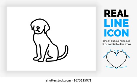 Editable real line icon of a cute dog or puppy as a pet sitting with his whole body in the image and his face and snout toward you in black modern lines on a clean white background