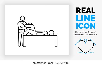 Editable real line icon of a doctor stick figure in full body view doing a check on a patient his leg and knee seeing if there is friction in the bone and tissue in clean black lines as a eps vector