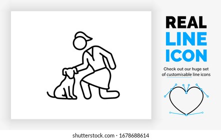 Editable real line icon a girl in a skirt with a pony tale petting a sitting dog in modern black lines on a clean white background as a EPS infographic file