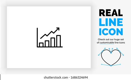 Editable real line icon of a graph showing positive financial result in the stock market with a bar graph and a arrow point upwards in modern black lines on a clean white background as a eps vector