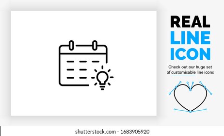 Editable real line icon of a hanging flip over calendar with the month to mark a date or event with a bright shining light bulb symbol in modern black lines on a clean white background