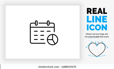 Editable real line icon of a hanging flip over calendar with a a pie chart symbol in modern black lines on a clean white background as a eps vector file