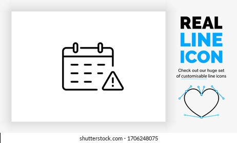 Editable real line icon of a hanging flip over calendar with a warning exclamation mark triangle sign to show an error in the schedule in modern black lines as a clean eps vector file