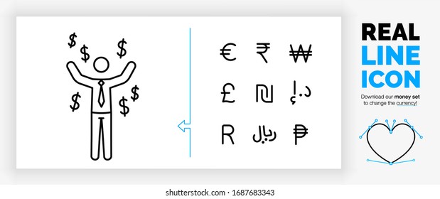 Editable Real Line Icon Of A Happy Stick Figure Business Man Being Very Wealthy With A Lot Of Money Raining Around Him In With A Currency Symbol Set In Modern Black Lines As A Eps Vector File