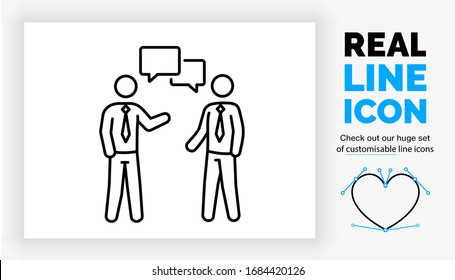 Editable real line icon of infographic stick figure people in a corporate design style wearing a suit with tie in full body length view in modern black lines on a clean white background as eps vector