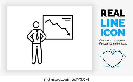 Editable real line icon of infographic stick figure person in a corporate design style wearing a suit with tie in full body length view in modern black lines on a clean white background in eps vector