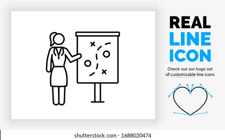 Editable real line icon of infographic stick figure people in a corporate design style wearing a suit with tie in full body length view in modern black lines on a clean white background in eps vector