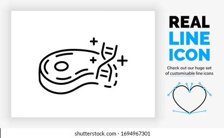 Editable real line icon of lab grown meat in form of a steak with muscle, bone and fat with a DNA string in a laboratory in modern clean stroke lines on a clean white background as a eps vector file