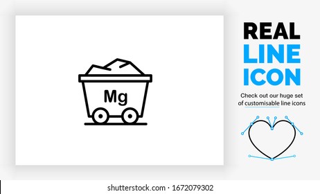 Editable real line icon of magnesium in the mining industry as a rail wagon to transport raw material base metal ore with periodic table element Mg symbol in black lines on a white background